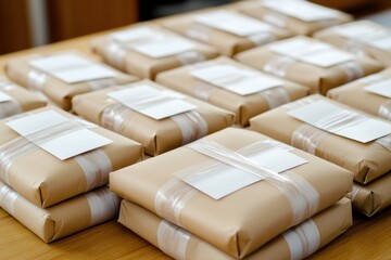 Eco-friendly brown paper packages on table with labels, promoting sustainable packaging solutions, environment protection concept