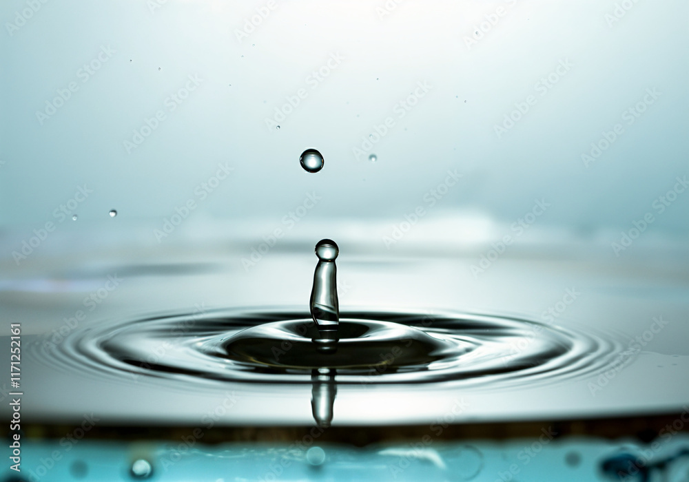 Poster water drop splashing into a transparent liquid, creating concentric ripples and small droplets