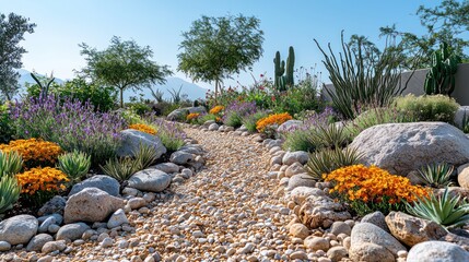 A desert-inspired xeriscape design with native plants, rocks, and sand for an arid environment.