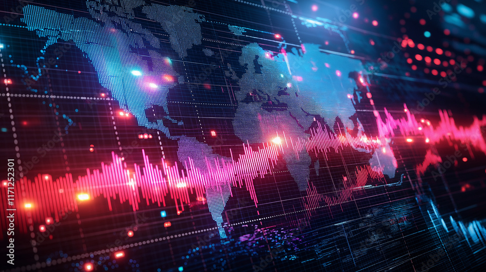 Leinwandbilder a dynamic financial abstract background with flowing data streams, neon accents, and a holographic e