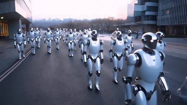 
humanoid-shaped robots walking down a city street