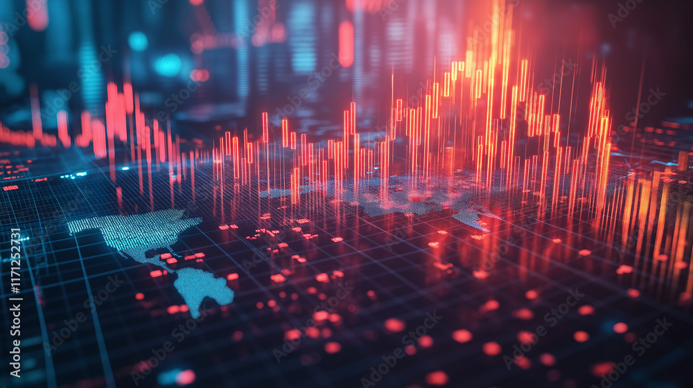 Poster Flowing data streams and neon holographic effects create a dynamic financial background for modern business and tech presentations.
