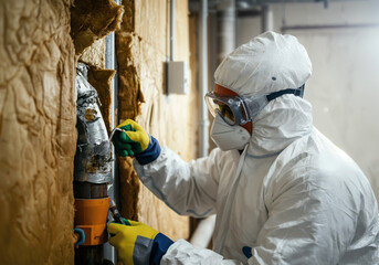 Specialist carefully removing asbestos insulation from pipes, wearing protective gear, ensuring safe removal of hazardous material
