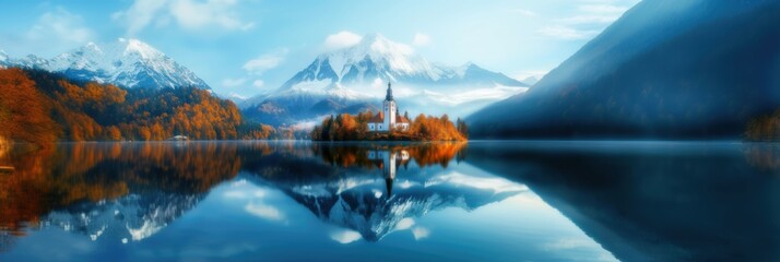 Fototapeta premium Church and Fall forest with snow mountain over still lake water.