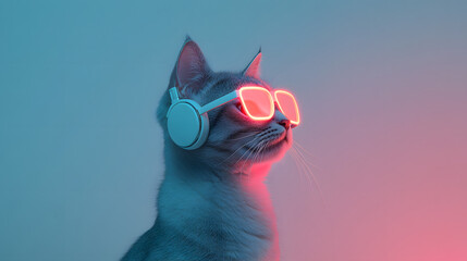
portrait of a cat with Headphones, symmetrical, sunglasses, vibing, illustration, adobe illustrator, aesthetic with copy space