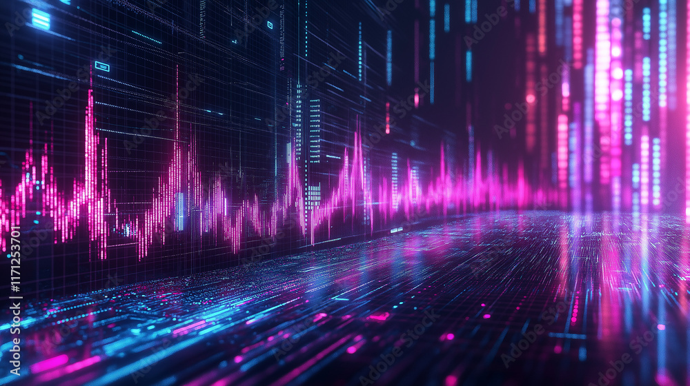 Fototapete Flowing data streams and neon holographic effects create a dynamic financial background for modern business and tech presentations.
