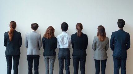 Obraz premium Group of Professionals in Suits Facing a Wall