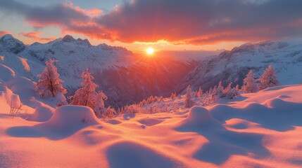 Vibrant sunset over snow-covered mountain range.