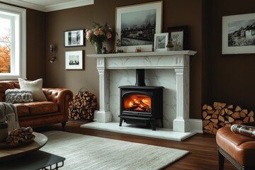Elegant Stanton stove with white marble mantel, leather sofa, firewood, and vases with flowers in a cozy, stylish living room with wooden flooring and natural lighting.