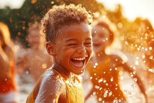 A group of children joyfully playing in a fountain on a hot summer day, water splashing everywhere