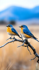 Fototapeta premium Two bluebirds perched on branch, mountain background, wildlife photography, nature poster.