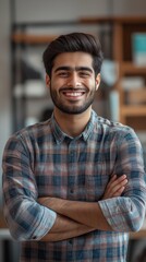 Fototapeta premium An attractive man Indian employee stands in a contemporary coworking area with his arms crossed, laughing and glancing at the camera.
