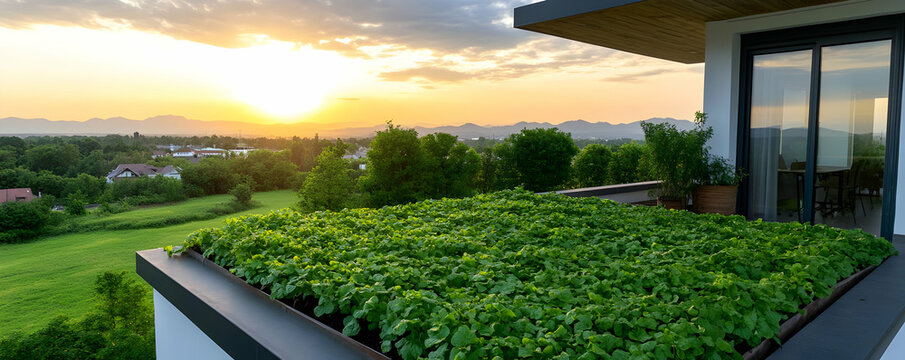 Sunset view from green roof terrace. Peaceful landscape, modern home. Perfect for real estate ads