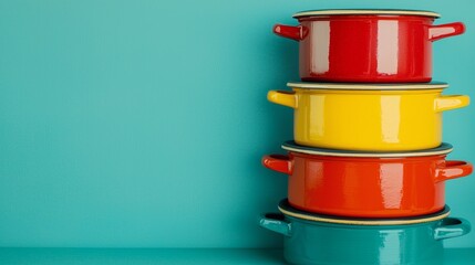 Colorful Cookware Stacked in Bright Tones for Seasonal Garage Sale Decor