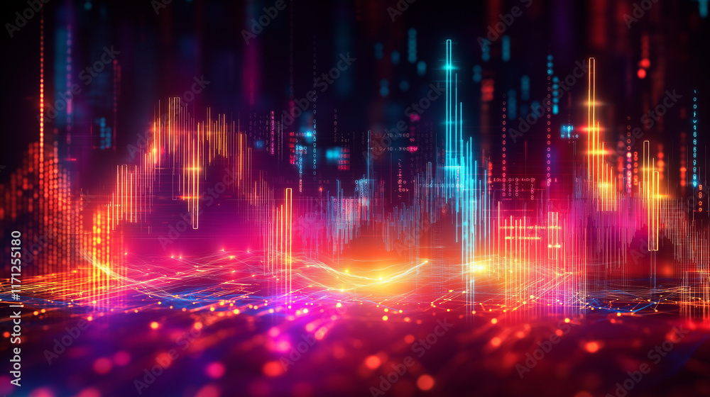 Poster vibrant global economy concept with flowing textures, futuristic data streams, and high-tech hologra