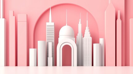 Futuristic City Skyline Design Featuring Minimalist Architecture and Pink Background