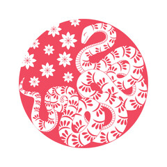 White snake wriggled into a red circle with white flowers. New Year symbol 2025. Chinese lunar new year card decoration. Vector design