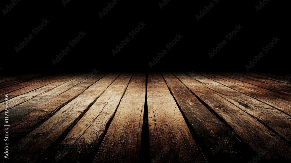 Aufkleber a dimly lit wooden floor with shadows, creating a moody atmosphere.