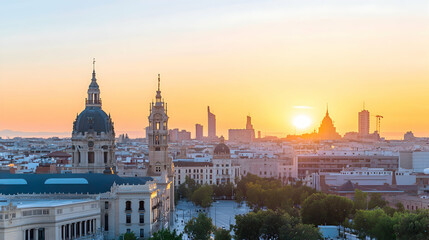 Obraz premium Valencia sunrise cityscape panorama; church, plaza, modern skyline, travel postcard.