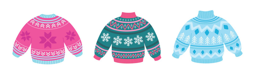 Set of traditional Christmas sweaters. Cute holiday clothes with ornaments. Vector illustration isolated on white background