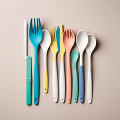 A set of travel utensils including a spork, knife, and reusable straw, neatly arranged on white.