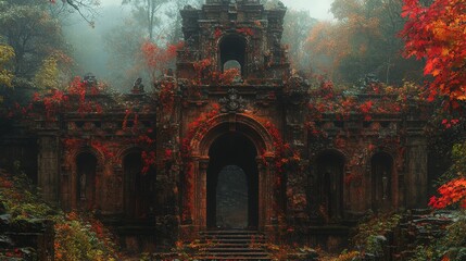 Mysterious autumnal stone archway, overgrown with red vines in a misty forest.