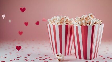 Valentine's day movie night with heart confetti and popcorn baskets. Mockup for Valentine's day movie night