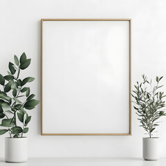 Blank frame mockup with plants on white background