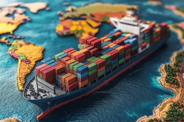 Fast shipping solutions across the global map container ship transporting goods ocean environment aerial view logistics concept
