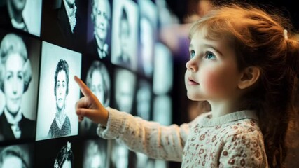 little girl looks at a large screen on which historical photos of famous women are displayed