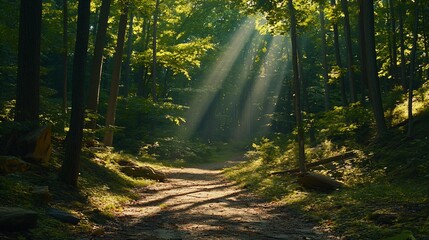 Fototapeta premium Sunbeams illuminate a forest path on a misty morning