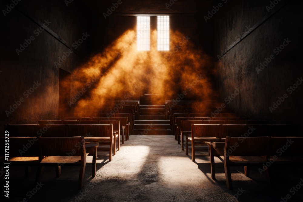 Poster a haunting image of a shadowy courtroom with a glowing scale of justice, casting an eerie light in t