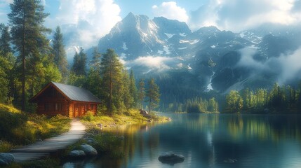 Fototapeta premium Secluded wooden cabin by a pristine mountain lake, bathed in sunlight.