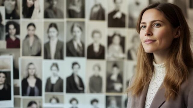 White woman standing in front of a wall with images of historical women