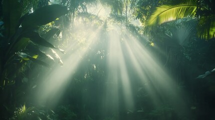 Obraz premium Sunbeams illuminate misty rainforest canopy, ideal for nature backgrounds