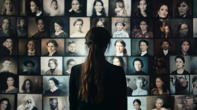 White woman standing in front of a wall with images of historical women