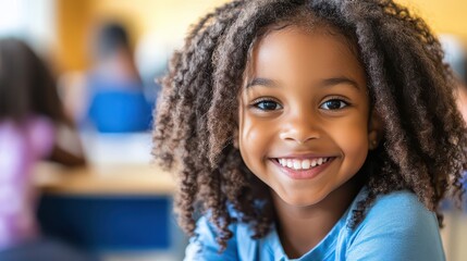 Joyful Smiling Girl with Curly Hair in Classroom
