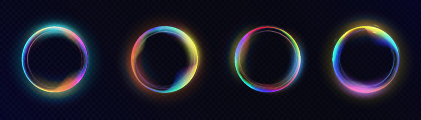 Set of round ring frames with colorful gradient transitions with space for text or object in the center, bright light frame object for illustrations or game interfaces. Vector