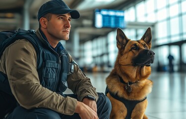 A police officer at the airport with a police dog.