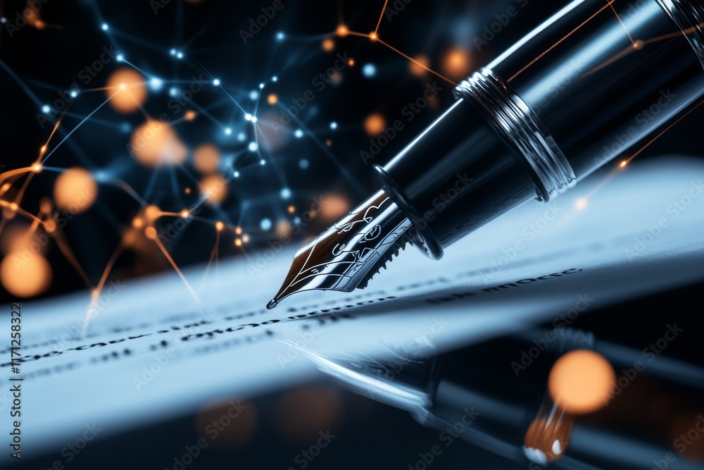 Poster a hyper-realistic close-up of a pen signing an offer letter, capturing the intricate details of the 