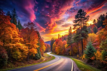 Obraz premium A winding forest road bathed in surreal sunset hues.