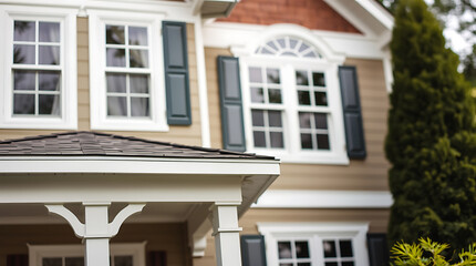 Close-up view of a two-story house's exterior.  Features include beige siding, white trim, dark green shutters, and multiple multi-paned windows. A small covered porch is partially visible.