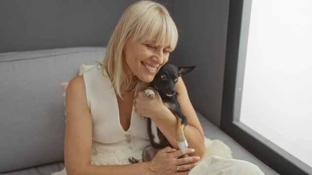 Woman smiling inside an apartment while happily holding a small black and tan chihuahua on her lap in the living room