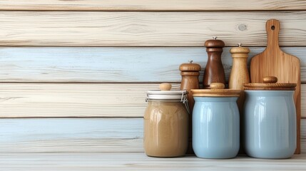 Seasonal Kitchen Decor with Wooden Utensils and Jars on Rustic Wooden Background