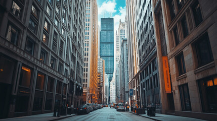 Fototapeta premium Tall buildings create a dramatic skyline in a downtown urban setting