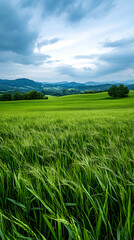 Fototapeta premium Windswept Green Wheat Field, Rolling Hills Landscape, Stormy Sky, Idyllic Nature Scene, Rural Background, Farming, Poster, Wallpaper.