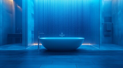 A serene bathroom featuring a modern bathtub and a rain shower with a calming blue ambiance.