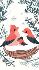 Obraz premium Winter bird family nest, snowy background, Christmas card design.
