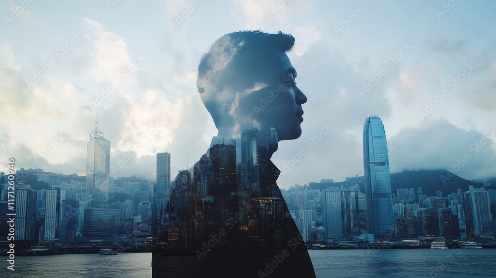 Poster a double exposure image of a man against a city skyline, symbolizing urban life and introspection.