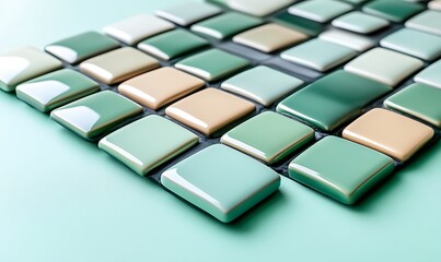 Fototapeta premium Green and beige ceramic tiles on mint background.